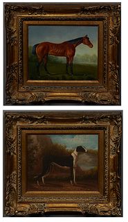 Pair of Chinese Oils on Canvas, After K. Mills, "Portrait of a Horse," 20th c., oil on canvas, signed lower right, and After John Gray, "Portrait of a