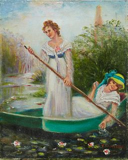 After Henry John Yeend King (1855-1924, British), "Two Ladies Punting on the River," early 20th c., oil on canvas, painted by V. Hamilton, signed lowe