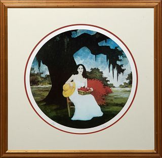 George Rodrigue (1944-2013), "Jolie Under An Oak," print, 218/700, presented in a circular mat, pen numbered lower left margin, pen signed lower right