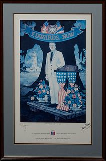 George Rodrigue (1944-2013), "Edwin Edwards on the Road Again," print, pen signed lower left margin, pen autographed by Edwards lower right margin, pr