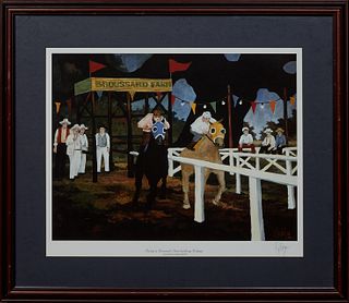 George Rodrigue (1944-2013, Louisiana), "Racing at Broussard's Farm," 20th c., print, signed in pen lower left, presented in a wood frame, H.- 18 1/2 