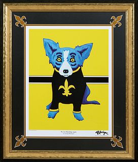 George Rodrigue (1944-2013, Louisiana), "We Are Marching Again," 2006, print, unsigned, presented in a fleur-de-lis motif matte and gilt frame, H.- 25