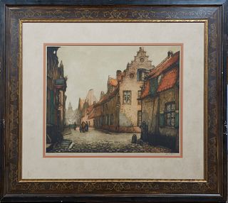 Adolf Neste (1880-1959, Belgium), "Street Views of Brussels," early 20th c., colored etching, editioned 322/350 in pencil lower left, signed in pencil