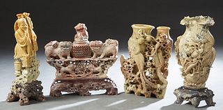 Group of Four Chinese Carved Soapstone Items, early 20th c., consisting of a sage with a fish; a Foo lion incense burner; a floral and leaf vase; and 