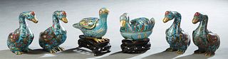Group of Six Chinese Cloisonne on Bronze Bird Censers, 20th c., consisting of four ducks, a goose and another bird, each opening to insert incense, Du