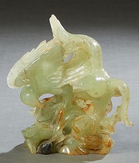 Chinese Carved Jade Figural Bird Group, 20th c., H.- 8 in., W.- 7 1/2 in., D.- 3 1/2 in.