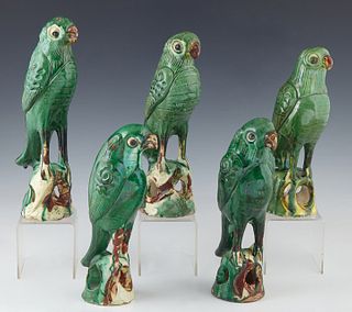 Group of Five Chinese Green Glazed Porcelain Parrot Figures, 20th c., Largest- H.- 10 1/4 in., Dia.- 2 1/2 in. (5 Pcs.)