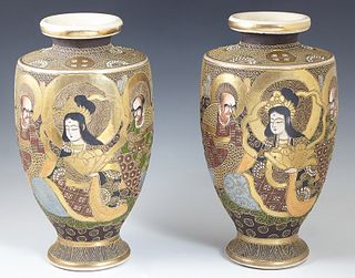 Pair of Satsuma Baluster Earthenware Vases, c. 1900, of tapering form, with gilt and moriage figural decoration. H.- 12 in., Dia. 6 1/2 in.