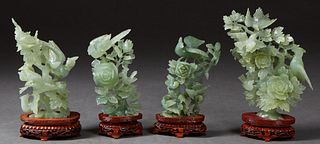 Group of Four Chinese Carved Jade Figures of Birds and Flowers, 20th c., on custom carved mahogany bases, Largest- H.- 10 in., .- 8 1/2 in., D.- 3 in.