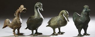 Group of Four Patinated Bronze Birds, 20th c., consisting of two ducks and two roosters, Largest Duck- H.- 13 1/2 in., W.- 11 1/4 in., D.- 6 in. Prove