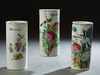 Group of Three Chinese Porcelain Wig Stands, late 19th c., with hand painted bird and floral decoration, and calligraphic poetry, the bottom with a st