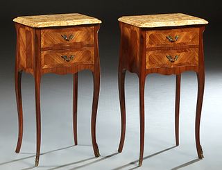 Pair of French Inlaid Mahogany Louis XV Style Marble Top Nightstands, 20th c., the sloping edge bowed rounded corner figured ocher marble over two dra