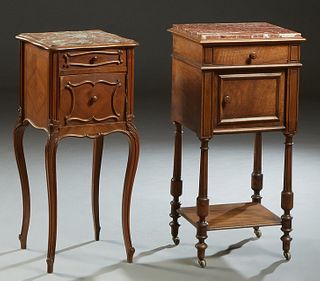 Two French Carved Mahogany Marble Top Nightstands, early 20th c., one Louis XV style with a figured brown marble over a frieze drawer and a marble lin
