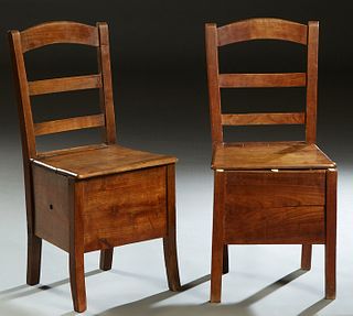 Pair of French Provincial Carved Walnut Ladderback Side Chairs, 19th c., with hinged seats, probably for chamber pot storage, on square saber legs, H.