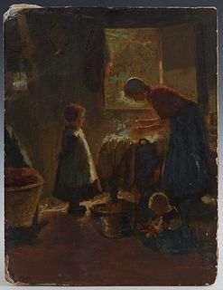 American School, "Woman Washing Clothes with Children," early 20th c., oil on plaster-board, unsigned, unframed, H.- 12 in., W.- 9 in.