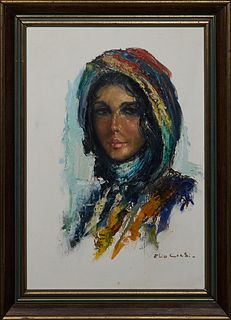 Elio Corsi, "Portrait of an Arab Woman," 20th c., oil on canvas, signed lower right, signed en verso, presented in a silver and painted frame, H.- 27 