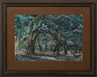 Southern School, "Oak Trees," c. 1978, watercolor on paper, signed indistinctly lower right, dated lower right, presented in a wood frame, H.- 16 1/2 