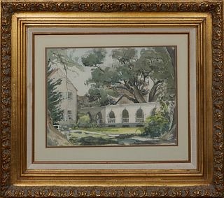 Southern School, "Courtyard," c. 1978, watercolor on paper, signed indistinctly lower right, dated lower right, presented in a gilt frame, H.- 12 1/2 