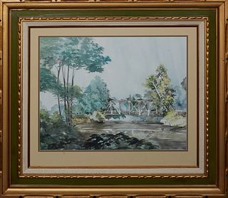 Southern School, "Bridge Over Water," c. 1978, watercolor on paper, signed indistinctly lower right and dated lower right, presented in a gilt and pol