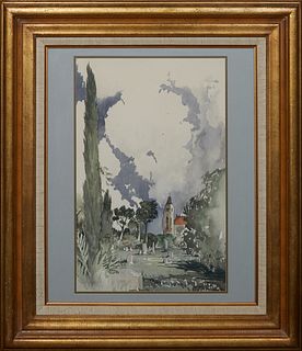 Southern School, "Cemetery," c. 1978, watercolor on paper, signed indistinctly lower right, dated lower right, presented in a gilt frame, H.- 21 1/2 i
