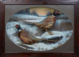 Unusual Pair of Taxidermied Pheasants, late 19th c., in a concave diorama painted with a winter scene, presented in an oak frame, H.- 30 in., W.- 42 i