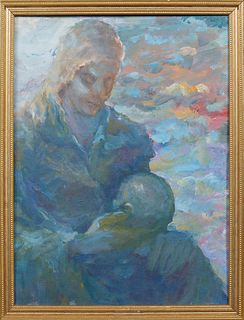 American School, "Mother and Child," 20th c., acrylic on canvas, unsigned, presented in a gilt frame, H.- 15 1/2 in., W.- 11 1/2 in., Framed H.- 17 in