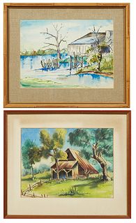 C. Ammann (Louisiana), "Fishing Camp on the Bayou," 20th c., watercolor on paper, and "Farm House in the Countryside," 20th c., pastel on paper, each 