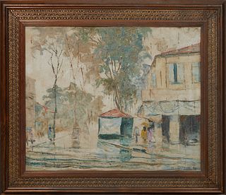 Mua Thanh Pho, "Raining in the City," 20th c., oil on canvas, signed illegibly lower right, with artist name and title on paper en verso, presented in