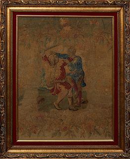 Continental School, "Sword Fight," 19th c., tapestry, unsigned, presented in a gilt frame, H.- 23 1/2 in., W.- 17 1/2 in., Framed H.- 30 1/4 in., W.- 