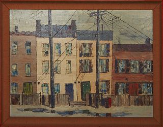 American School, "Houses," 20th c., oil on canvas board, unsigned, presented in a wood frame, H.- 17 1/2 in., W.- 23 1/2 in., Framed H.- 20 5/8 in., W