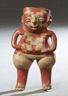 Pre-Columbian Partial Glazed Pottery Figure, of a standing corpulent man, H.- 9 1/2 in., W.- 5 1/4 in., D.- 2 1/4 in. Provenance: Palmira, the Estate 