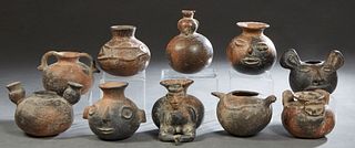 Group of Ten Pre-Columbian Style Pottery Vessels, 20th c., with figural or animal decoration, Largest- H.- 7 1/2 in., Dia.- 5 in. Provenance: Palmira,