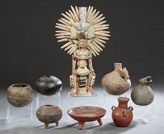 Group of Eight Pieces of Pre-Columbian Style Pottery, 20th c., consisting of three bowls; three pitchers; a compote on three legs and a large figure o