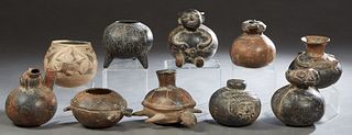 Group of Ten Pre-Columbian Style Pottery Vessels, 20th c., with relief decoration, Frog Pitcher- H.- 6 7/8 in., Dia.- 5 3/8 in. Provenance: Palmira, t