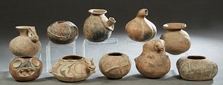 Group of Ten Pieces of Pre-Columbian Style Pottery, 20th c., consisting of five round bowls, a square bowl, 3 pitchers and a gourd, Tallest Pitcher- H