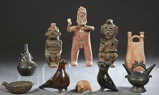Group of Ten Pieces of Pre-Columbian Style Pottery, 20th c., consisting of two seated figures; a standing figure; a dog; a bowl; a double neck vase; 2