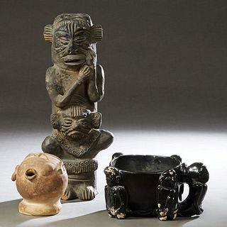 Three Pieces of Pre-Columbian Style Pottery, consisting of an oval bowl with figural supports; a large figure of a man with a tooth ache and a circula