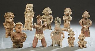 Group of Ten Pre-Columbian Style Pottery Figurines, 20th c., seven seated, three standing, Largest- H.- 10 1/2 in., W.- 5 in., D.- 2 1/2 in. Provenanc