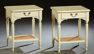 Pair of Louis Philippe Style Polychromed Carved Beech Nightstands, 20th c., by Laura Ashley, the rounded edge and corner top above a frieze drawer, on