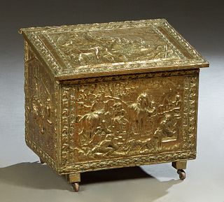 French Repousse Log Box, late 19th c., the slanted top with figural and horse decoration, over sides with interior tavern scenes, on casters, H.- 20 1
