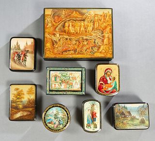 Group of Eight Russian Hand Painted Black Lacquer Papier Mache Boxes, 20th c., consisting of a large example "Parting of the Red Sea;" a lovers in a g