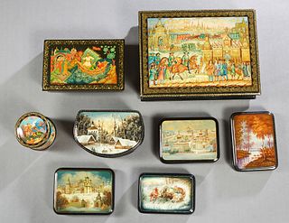 Group of Eight Russian Hand Painted Black Lacquer Papier Mache Boxes, 20th c., consisting of a large example of Russian troops; a semi-circular exampl