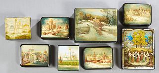 Group of Eight Russian Black Lacquer Papier Mache Boxes, 20th c., of square form, consisting of six winter scenes of Moscow, Dancers in a field; and a