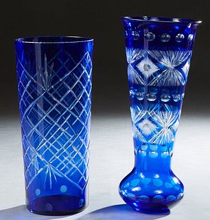 Two Cobalt Cut-to-Clear Vases, 20th c., one of cylindrical form; the other of tapered bulbous form, Bulbous- H.- 16 in,. Dia.- 6 3/4 in. Provenance: P