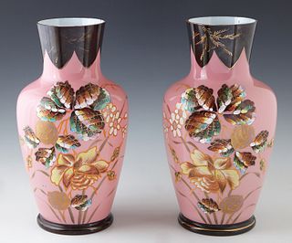 Pair of English Pink Bristol Baluster Vases, c. 1880, with enameled floral and leaf decoration, H.- 12 7/8 in., Dia.- 7 in.