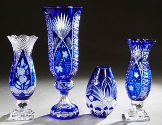 Group of Four Cobalt-to-Clear Baluster Cut Glass Vases, 20th c., Tallest- H.- 21 1/4 in., Dia.- 7 7/8 in. Provenance: Palmira, the Estate of Sarkis Ka