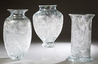 Group of Three Large Cut Glass Vases, 20th c., two of baluster form, and one cylindrical example with an everted rim and flaring base, Largest- H.- 20