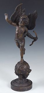 Continental School Bronze Sculpture, "Cupid with his Bow," standing on an orb, 20th c., on a socle support to an integral stepped circular base, H.- 1