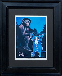 George Rodrigue (1944-2013, Louisiana), "Searching for Darwin," 20th c., poster, signed in paint marker lower left, presented in a black frame, H.- 10
