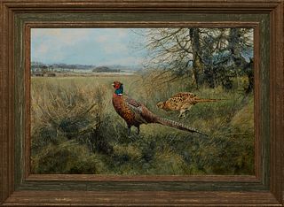 Henry Wilkinson (1921-2011, British), "Pair of Pheasants Roaming the Countryside," 20th c., oil on canvas, signed lower right, presented in a wood fra